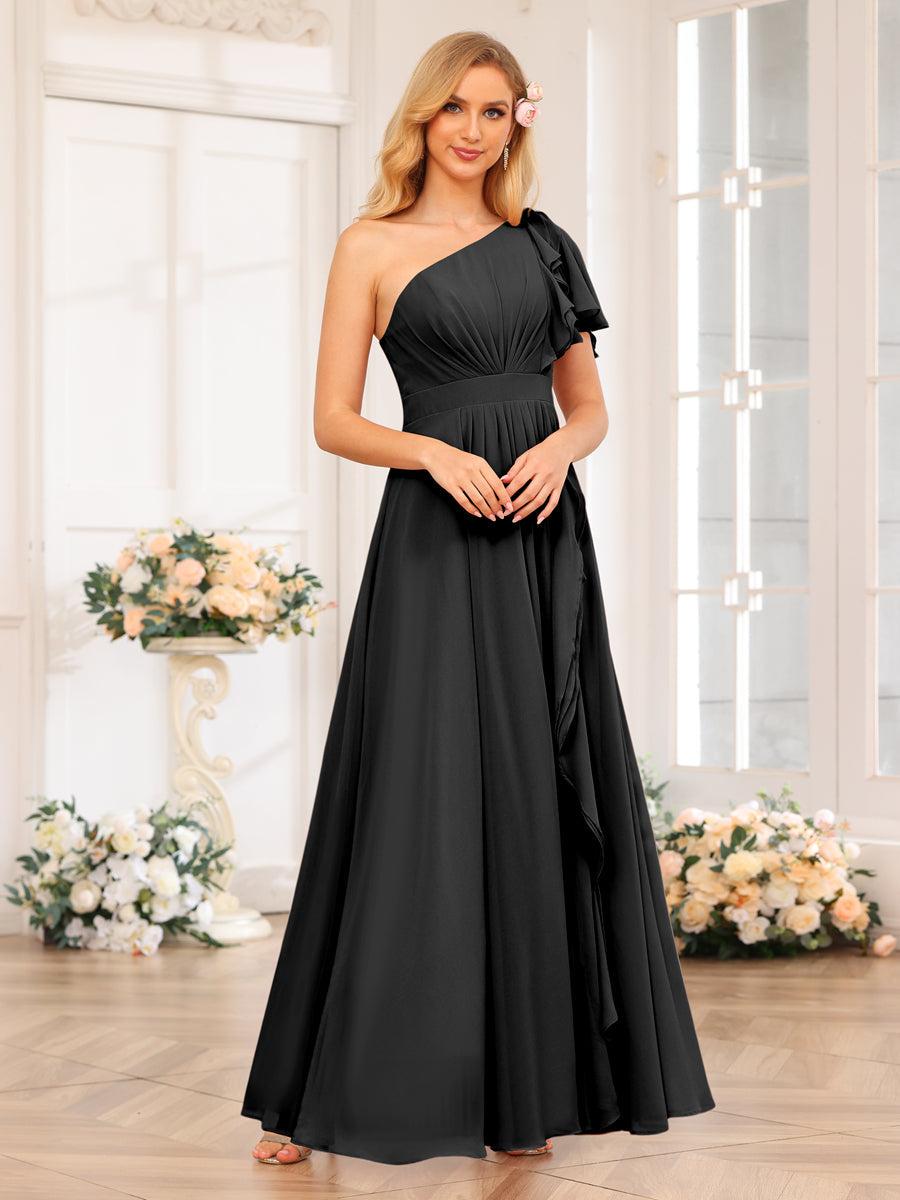 A-Line/Princess One-Shoulder Long Wedding Party Dresses with Split Side Black