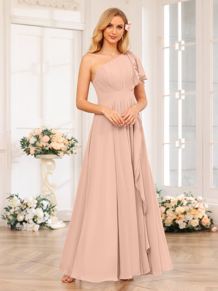 A-Line/Princess One-Shoulder Long Wedding Party Dresses with Split Side Blush Pink