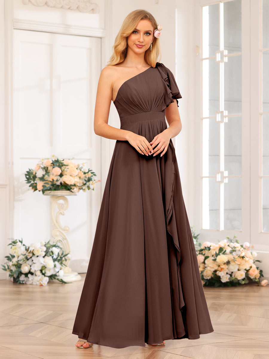 A-Line/Princess One-Shoulder Long Wedding Party Dresses with Split Side Brown