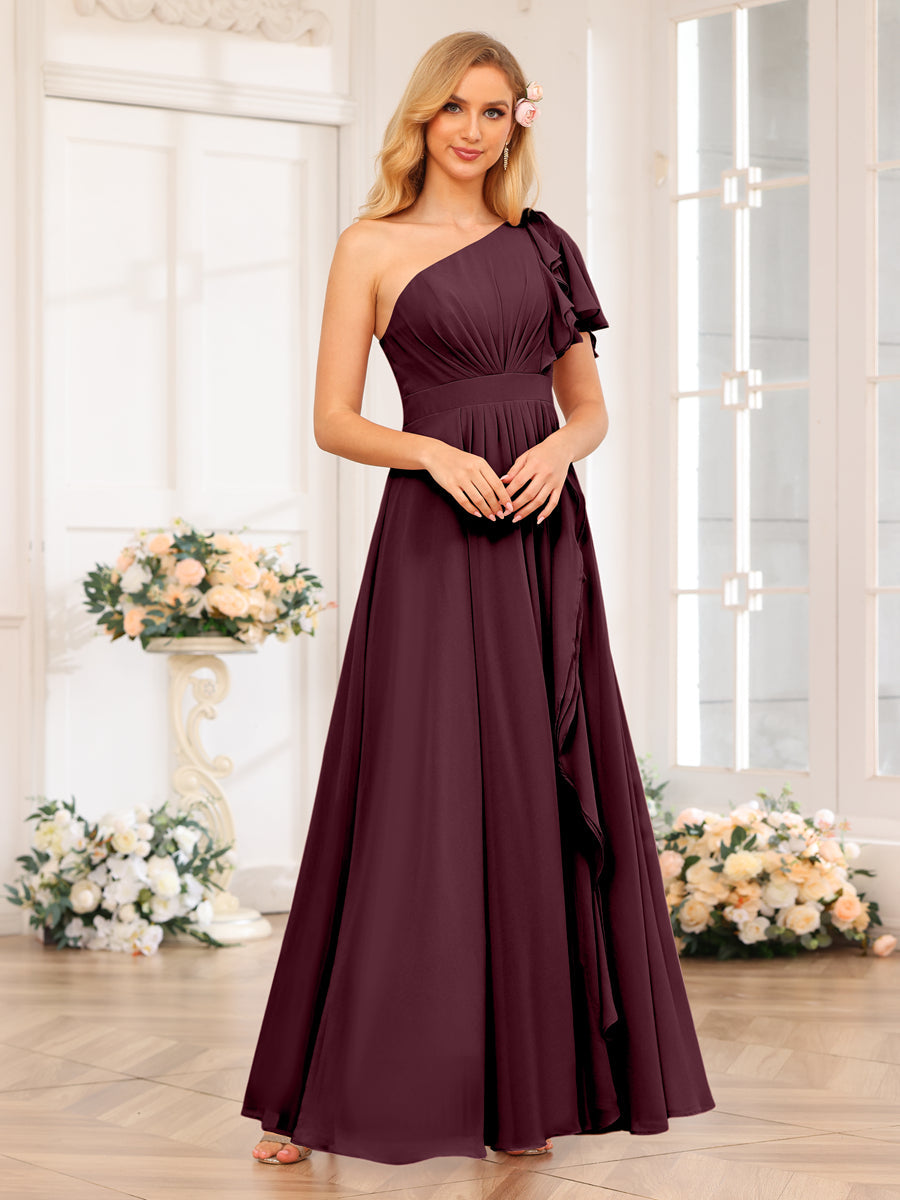 A-Line/Princess One-Shoulder Long Wedding Party Dresses with Split Side Burgundy