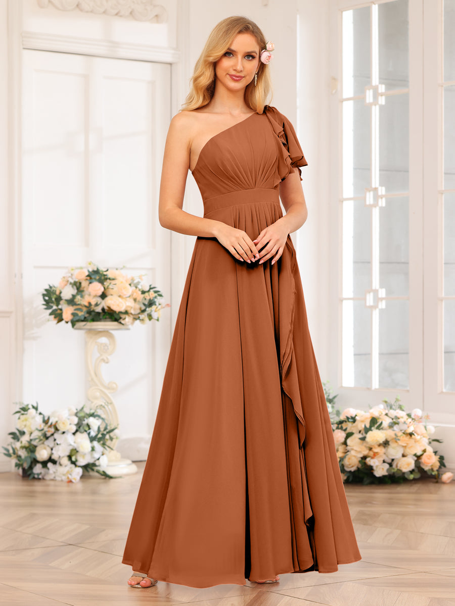 A-Line/Princess One-Shoulder Long Wedding Party Dresses with Split Side Burnt Orange