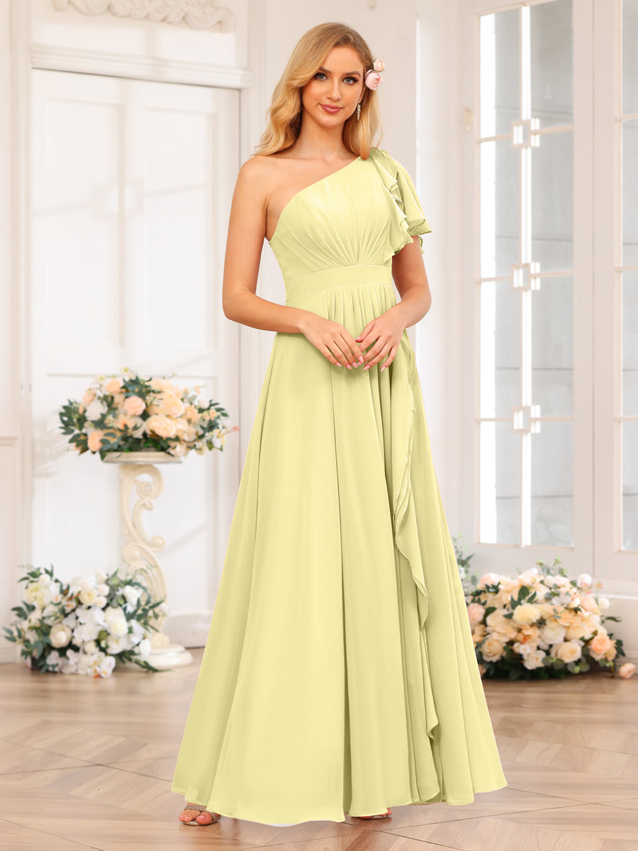 A-Line/Princess One-Shoulder Long Wedding Party Dresses with Split Side Canary