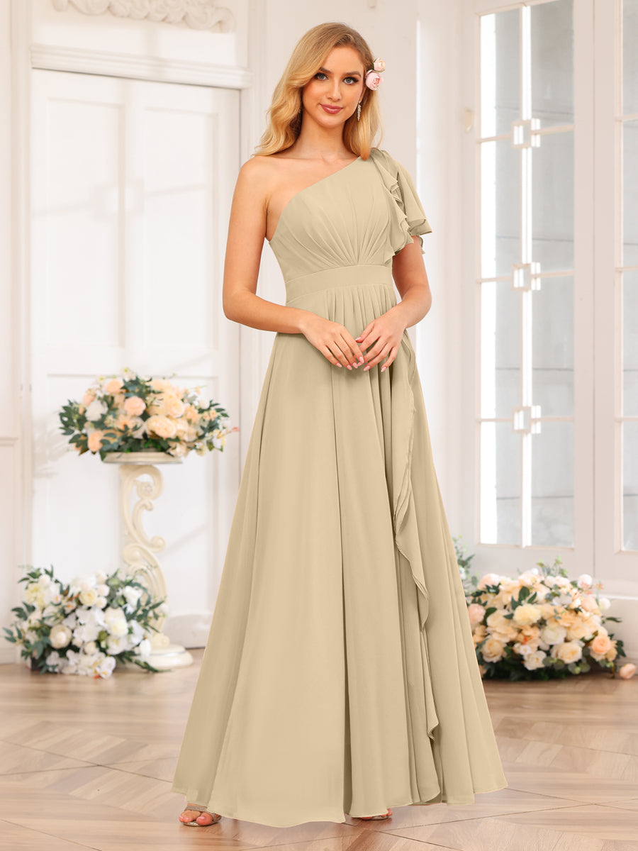 A-Line/Princess One-Shoulder Long Wedding Party Dresses with Split Side Champagne