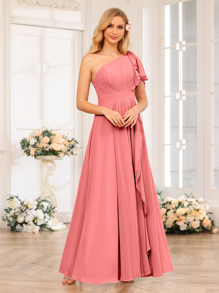 A-Line/Princess One-Shoulder Long Wedding Party Dresses with Split Side Coral