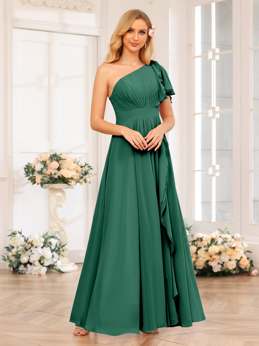 A-Line/Princess One-Shoulder Long Wedding Party Dresses with Split Side Dark Green