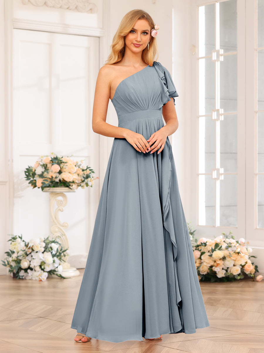 A-Line/Princess One-Shoulder Long Wedding Party Dresses with Split Side Dusty Blue