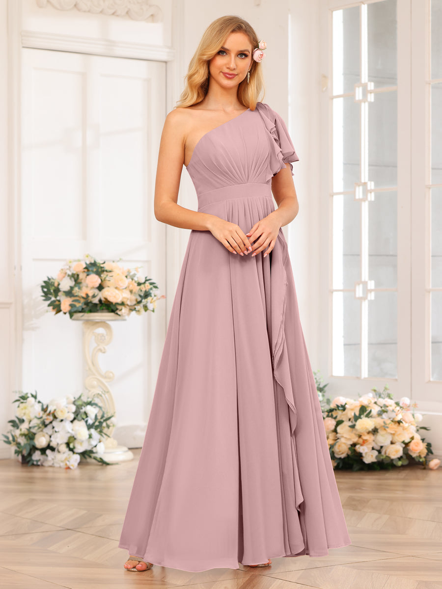 A-Line/Princess One-Shoulder Long Wedding Party Dresses with Split Side Dusty Pink