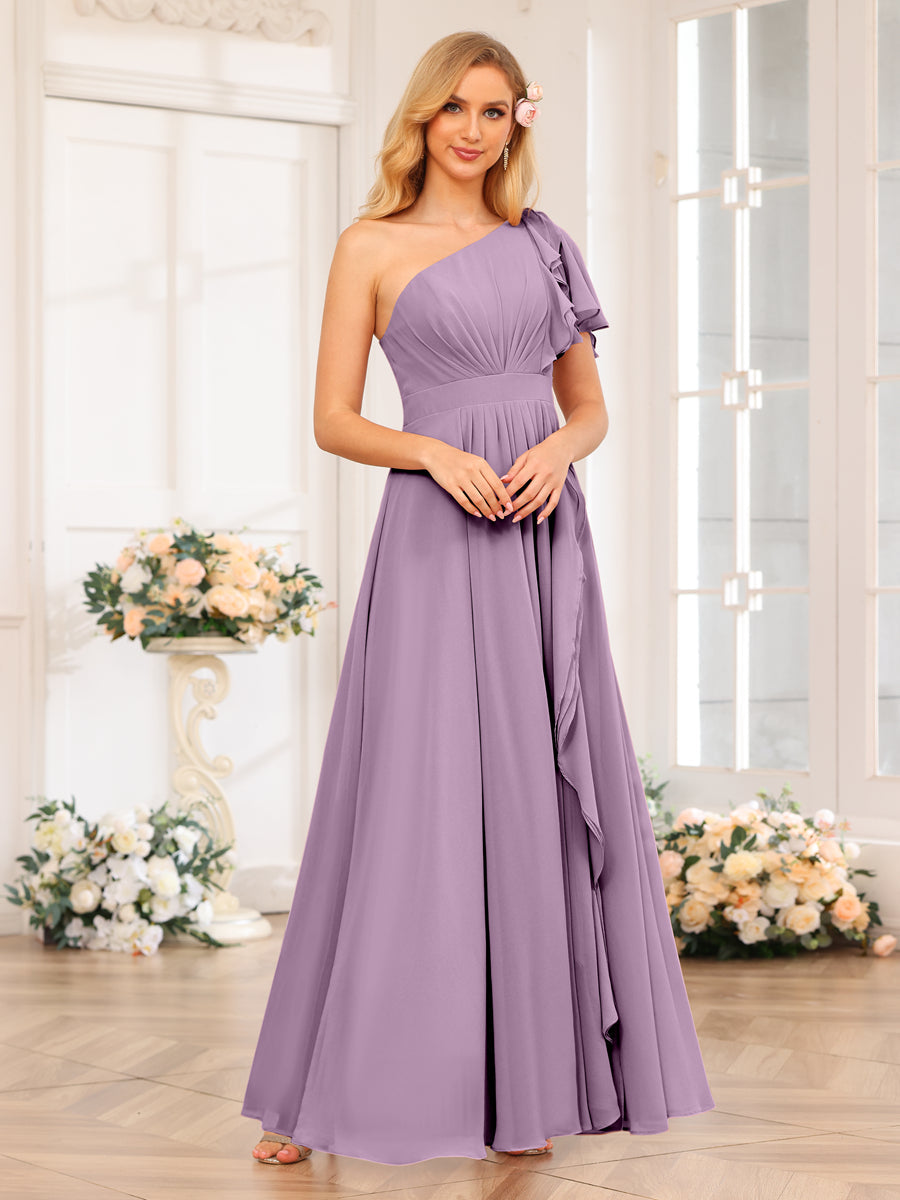 A-Line/Princess One-Shoulder Long Wedding Party Dresses with Split Side Dusty Purple
