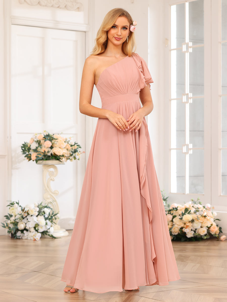 A-Line/Princess One-Shoulder Long Wedding Party Dresses with Split Side Dusty Rose