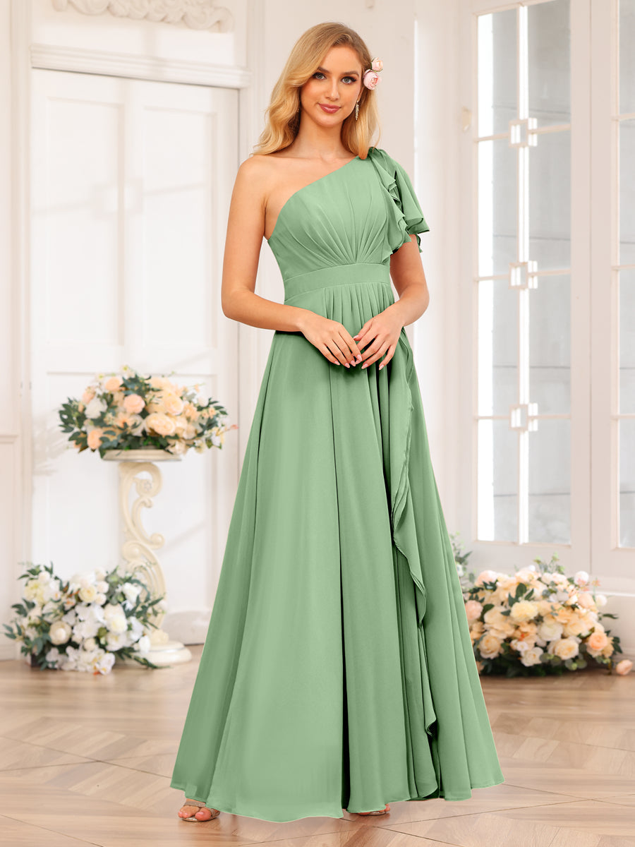 A-Line/Princess One-Shoulder Long Wedding Party Dresses with Split Side Dusty Sage