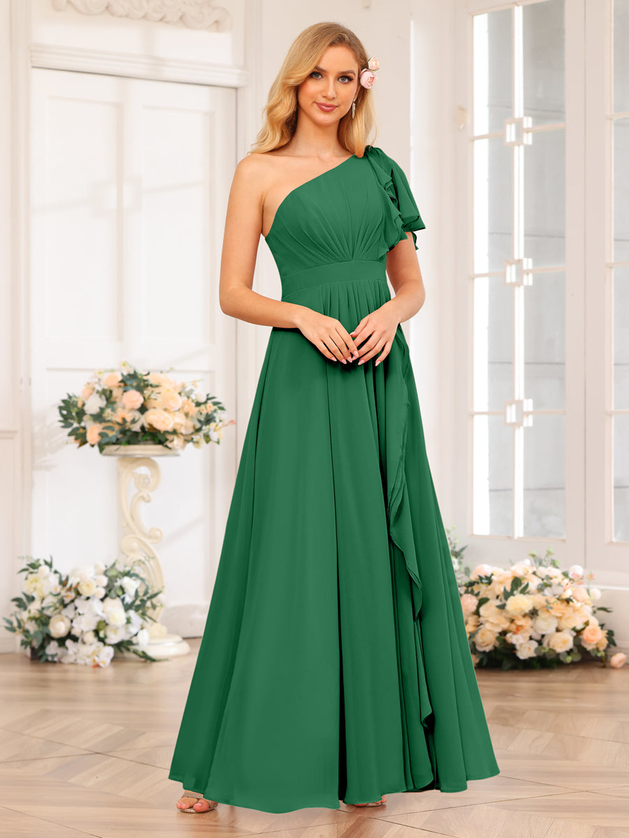 A-Line/Princess One-Shoulder Long Wedding Party Dresses with Split Side Emerald