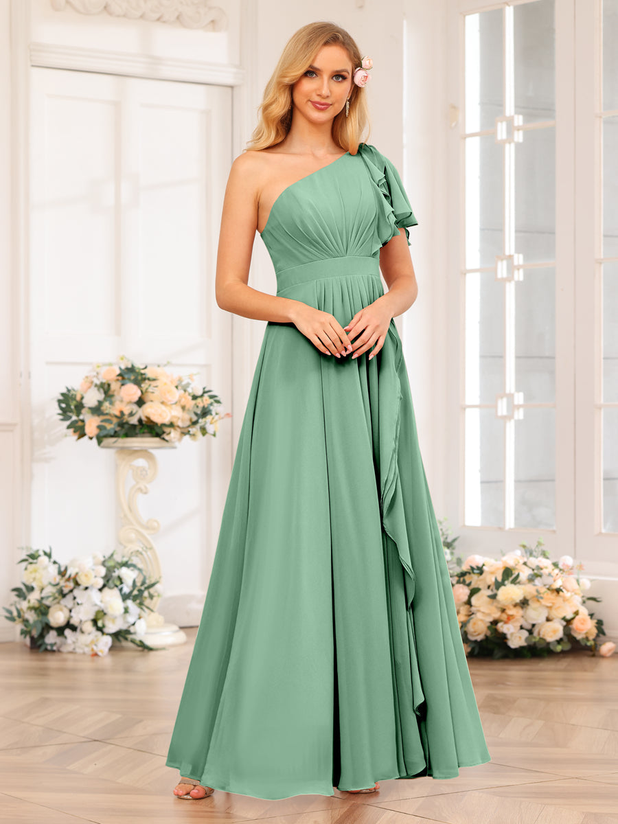 A-Line/Princess One-Shoulder Long Wedding Party Dresses with Split Side Eucalyptus