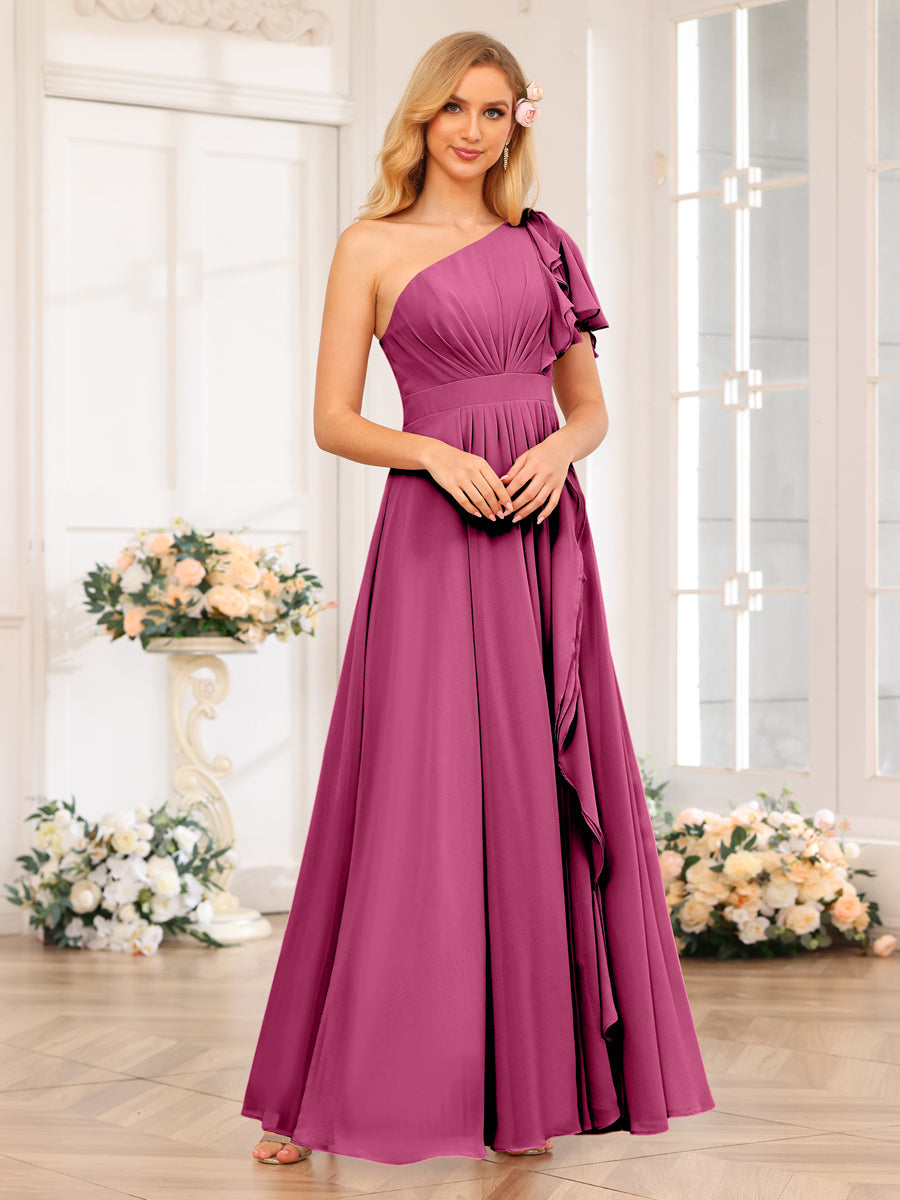 A-Line/Princess One-Shoulder Long Wedding Party Dresses with Split Side Fuchsia