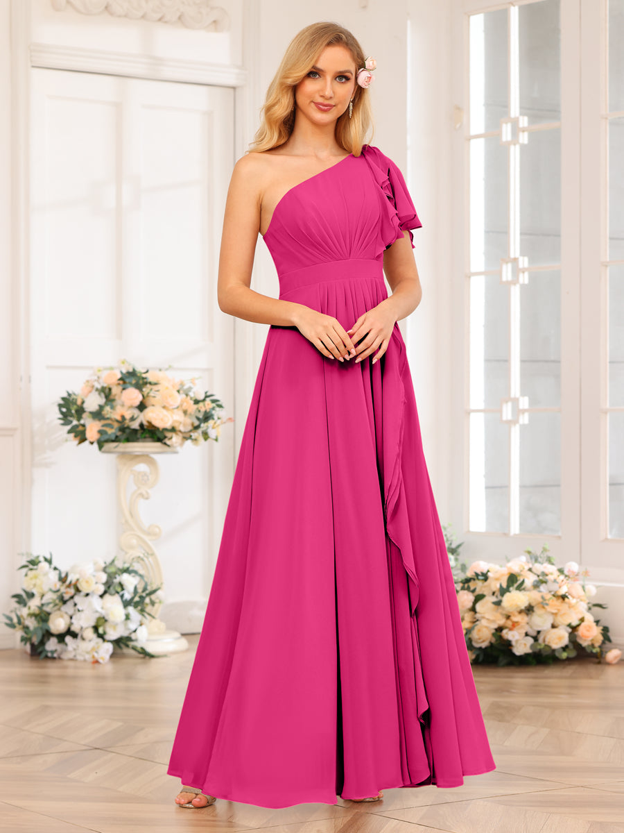 A-Line/Princess One-Shoulder Long Wedding Party Dresses with Split Side Fuchsia Pink