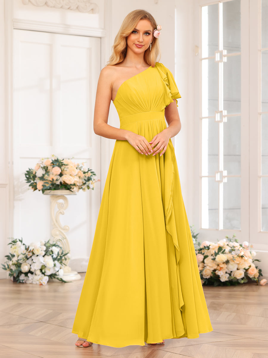 A-Line/Princess One-Shoulder Long Wedding Party Dresses with Split Side Gold