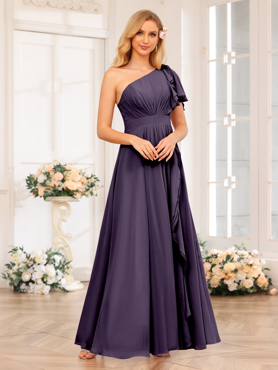 A-Line/Princess One-Shoulder Long Wedding Party Dresses with Split Side Grape