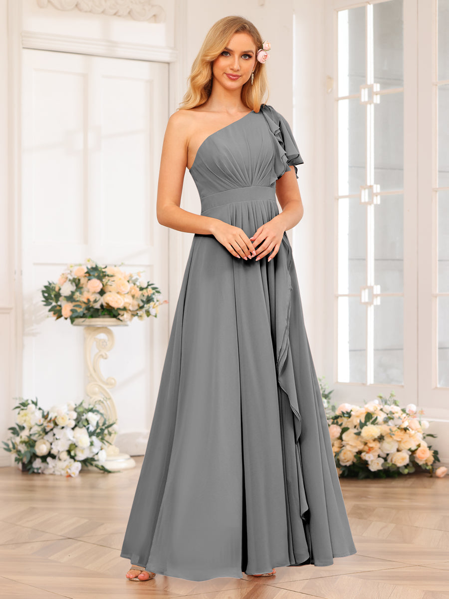 A-Line/Princess One-Shoulder Long Wedding Party Dresses with Split Side Gray