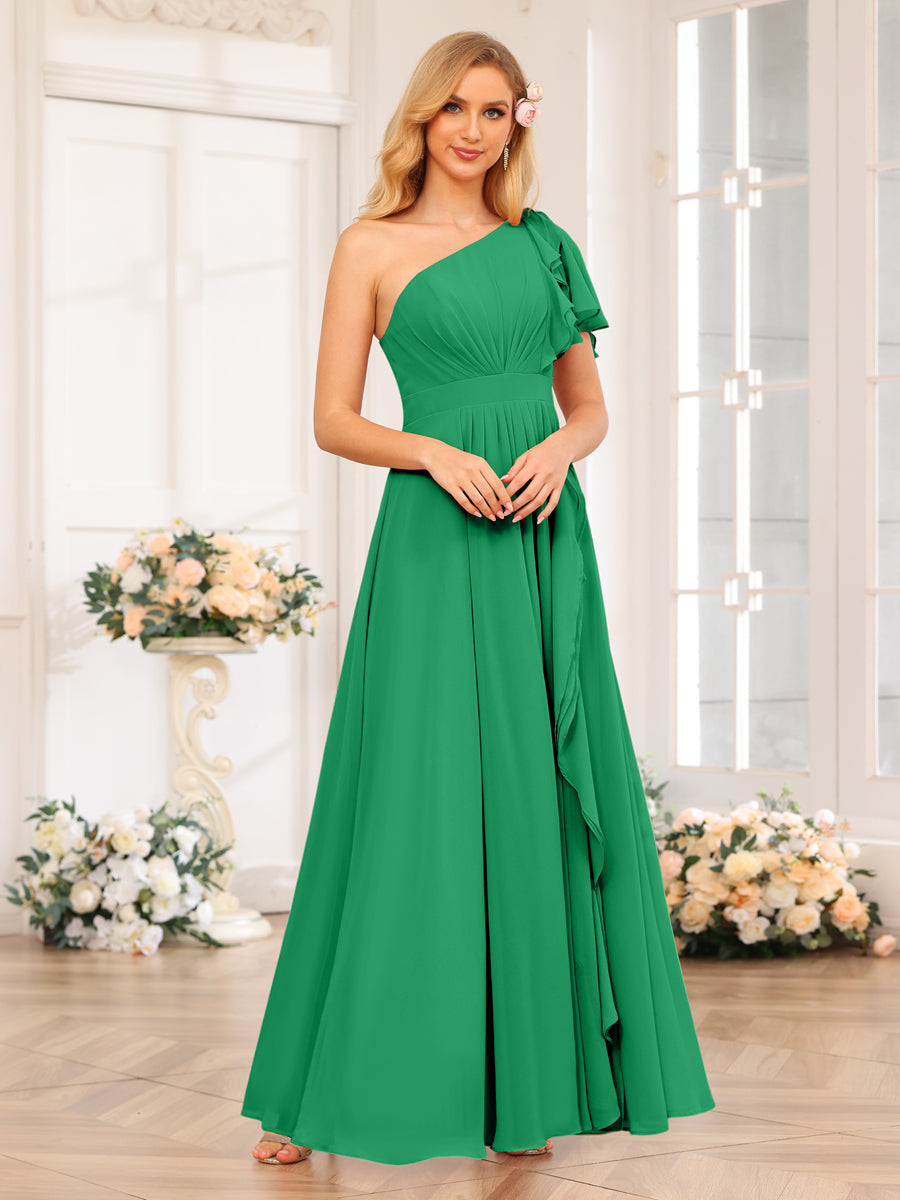 A-Line/Princess One-Shoulder Long Wedding Party Dresses with Split Side Green