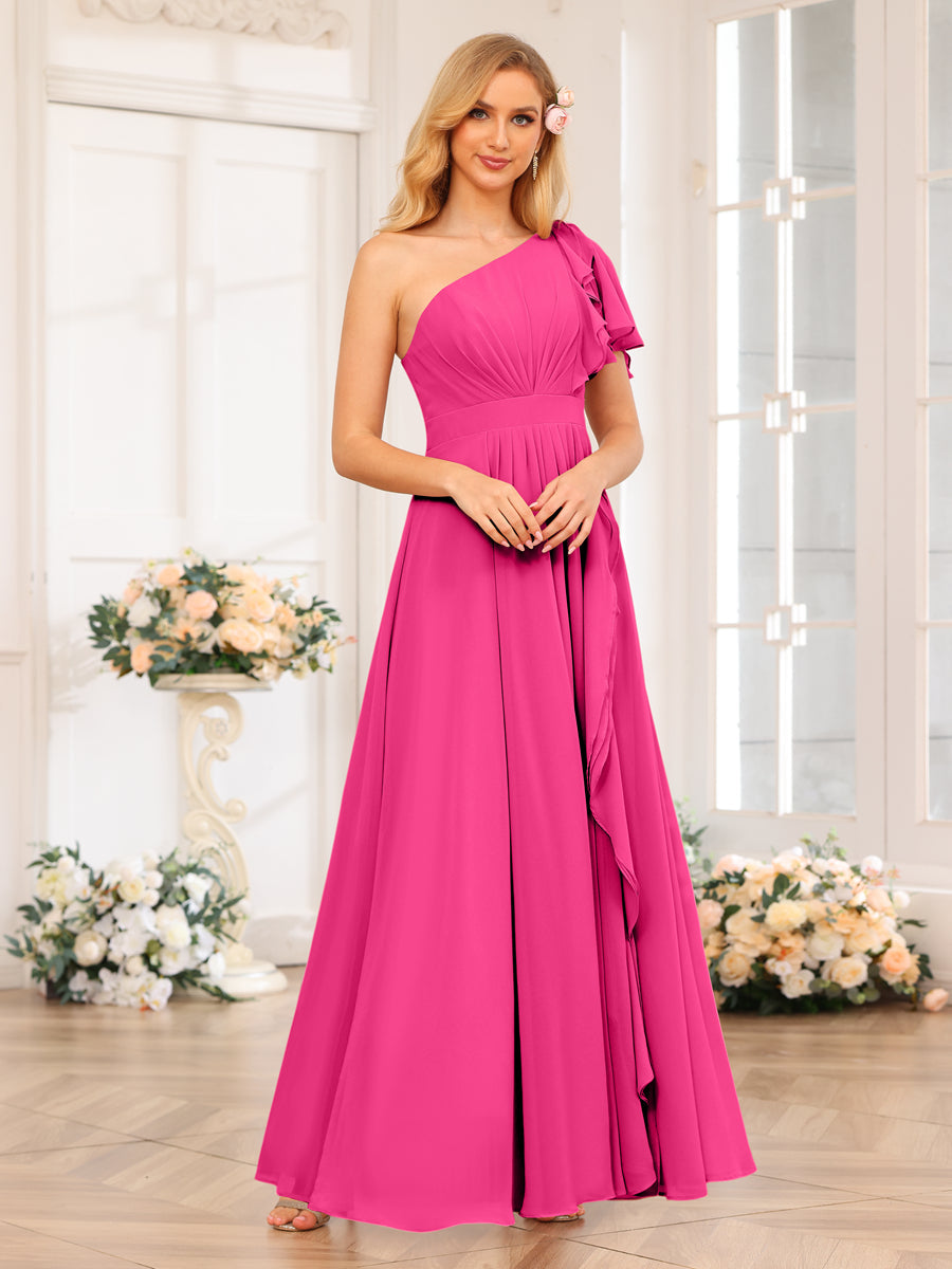 A-Line/Princess One-Shoulder Long Wedding Party Dresses with Split Side Hot Pink