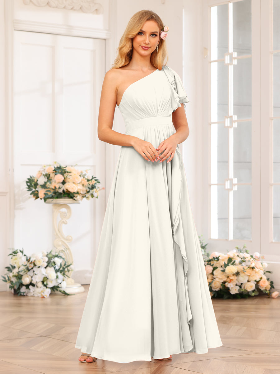 A-Line/Princess One-Shoulder Long Wedding Party Dresses with Split Side Ivory