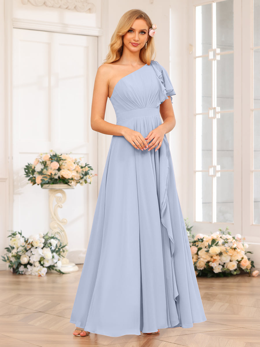 A-Line/Princess One-Shoulder Long Wedding Party Dresses with Split Side Lavender