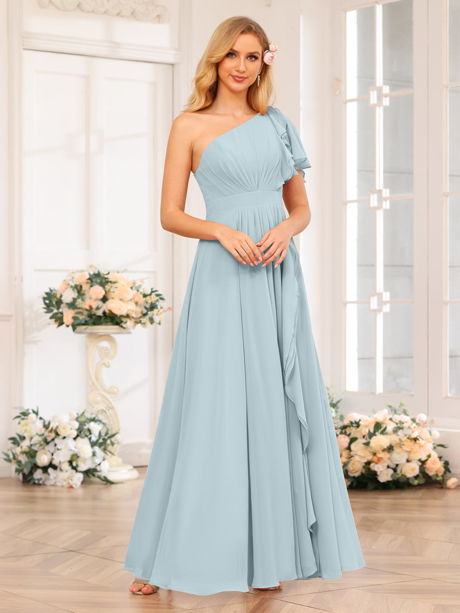 A-Line/Princess One-Shoulder Long Wedding Party Dresses with Split Side Light Blue