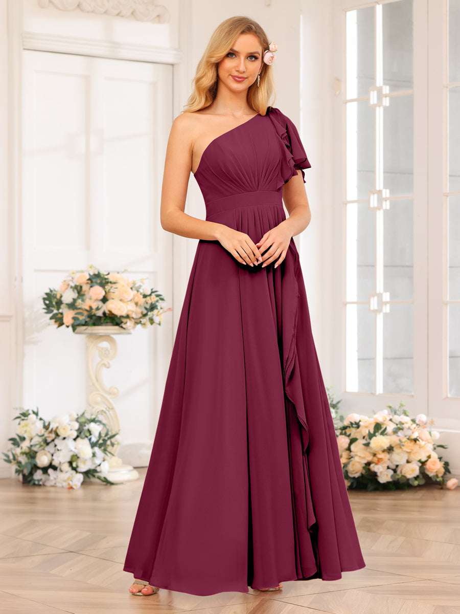 A-Line/Princess One-Shoulder Long Wedding Party Dresses with Split Side Light Burgundy
