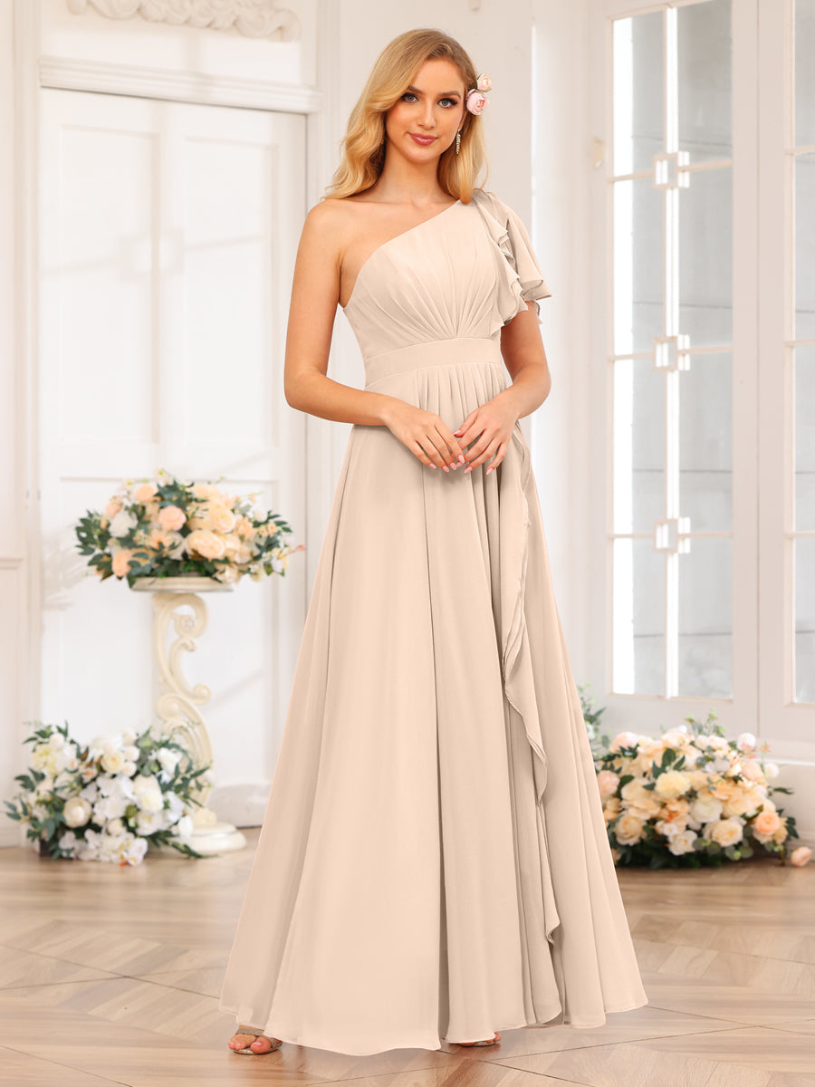 A-Line/Princess One-Shoulder Long Wedding Party Dresses with Split Side Light Champagne