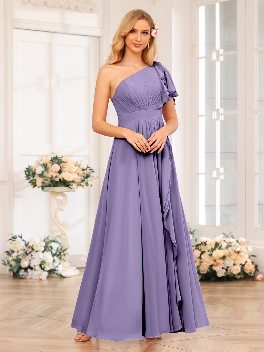 A-Line/Princess One-Shoulder Long Wedding Party Dresses with Split Side Light Purple