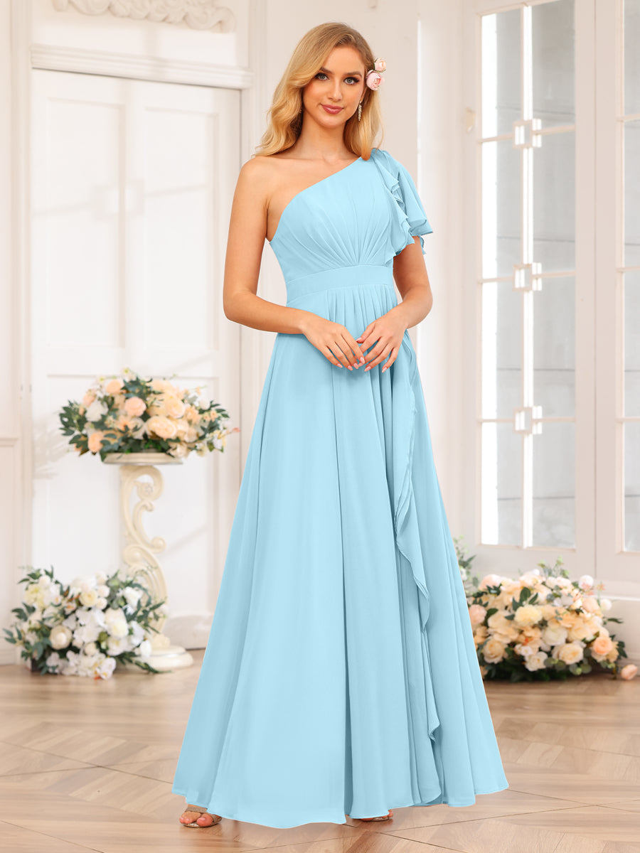 A-Line/Princess One-Shoulder Long Wedding Party Dresses with Split Side Light Sky Blue