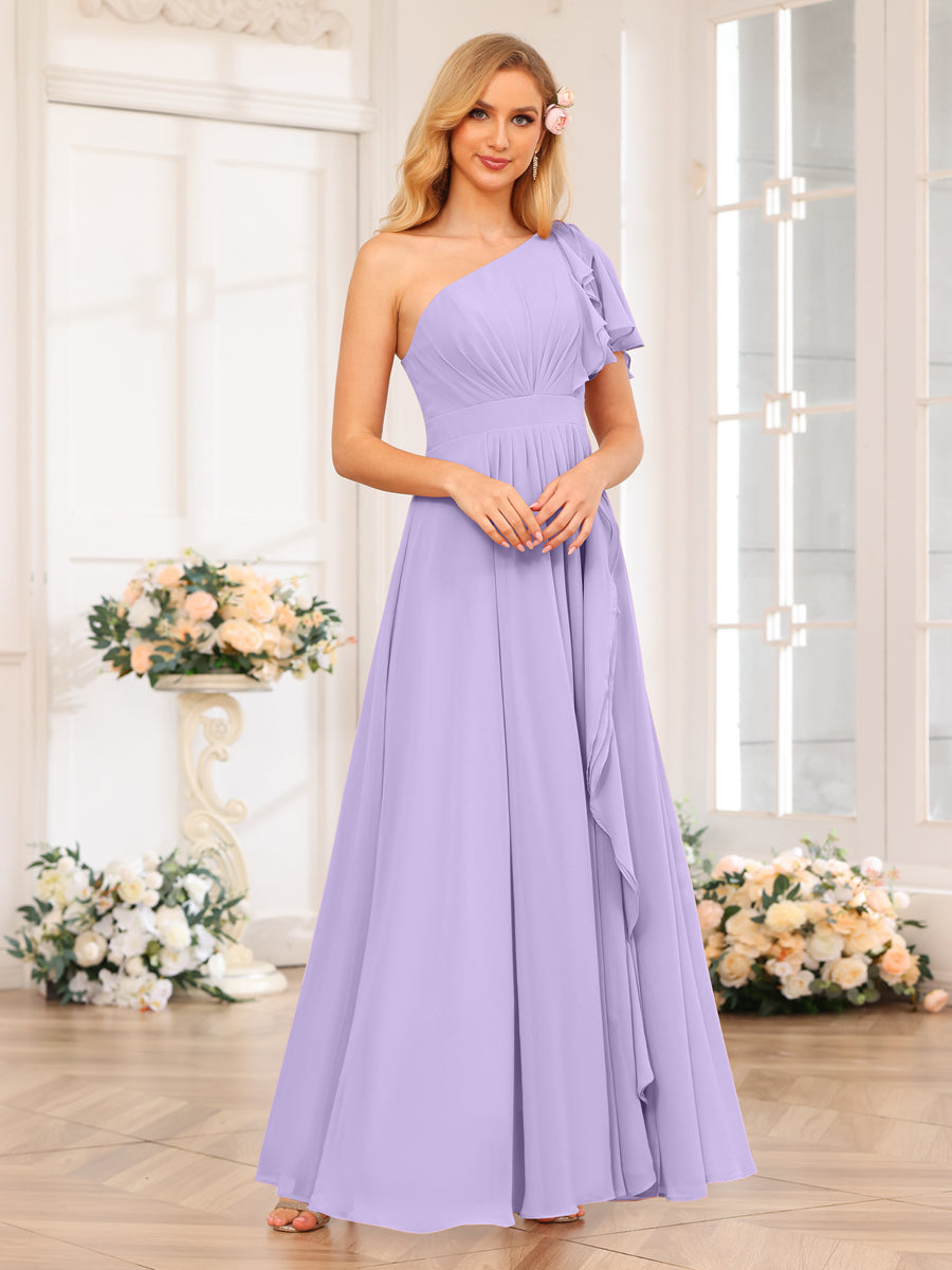A-Line/Princess One-Shoulder Long Wedding Party Dresses with Split Side Lilac