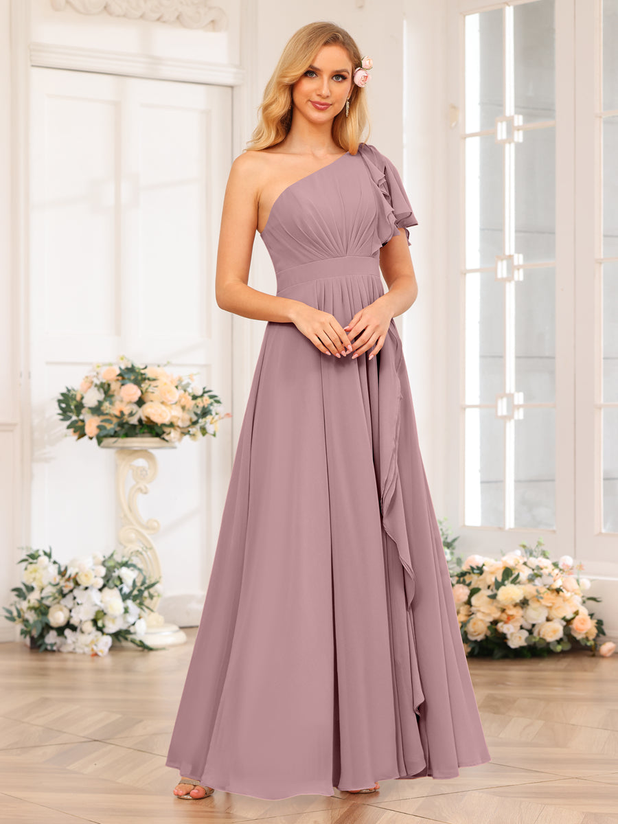 A-Line/Princess One-Shoulder Long Wedding Party Dresses with Split Side Mauve
