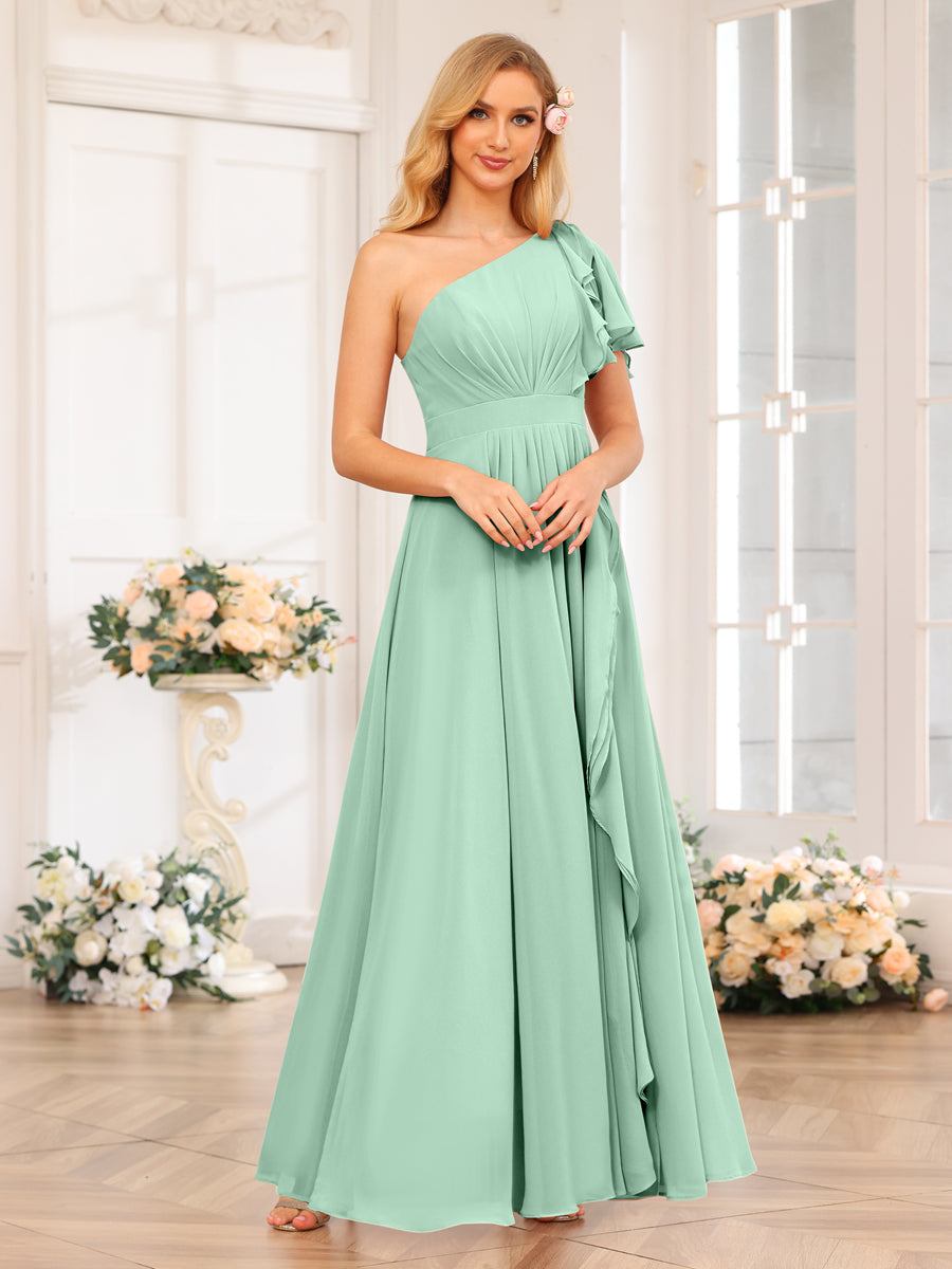 A-Line/Princess One-Shoulder Long Wedding Party Dresses with Split Side Mint Green