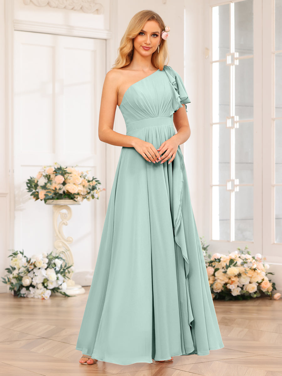 A-Line/Princess One-Shoulder Long Wedding Party Dresses with Split Side Mist Blue