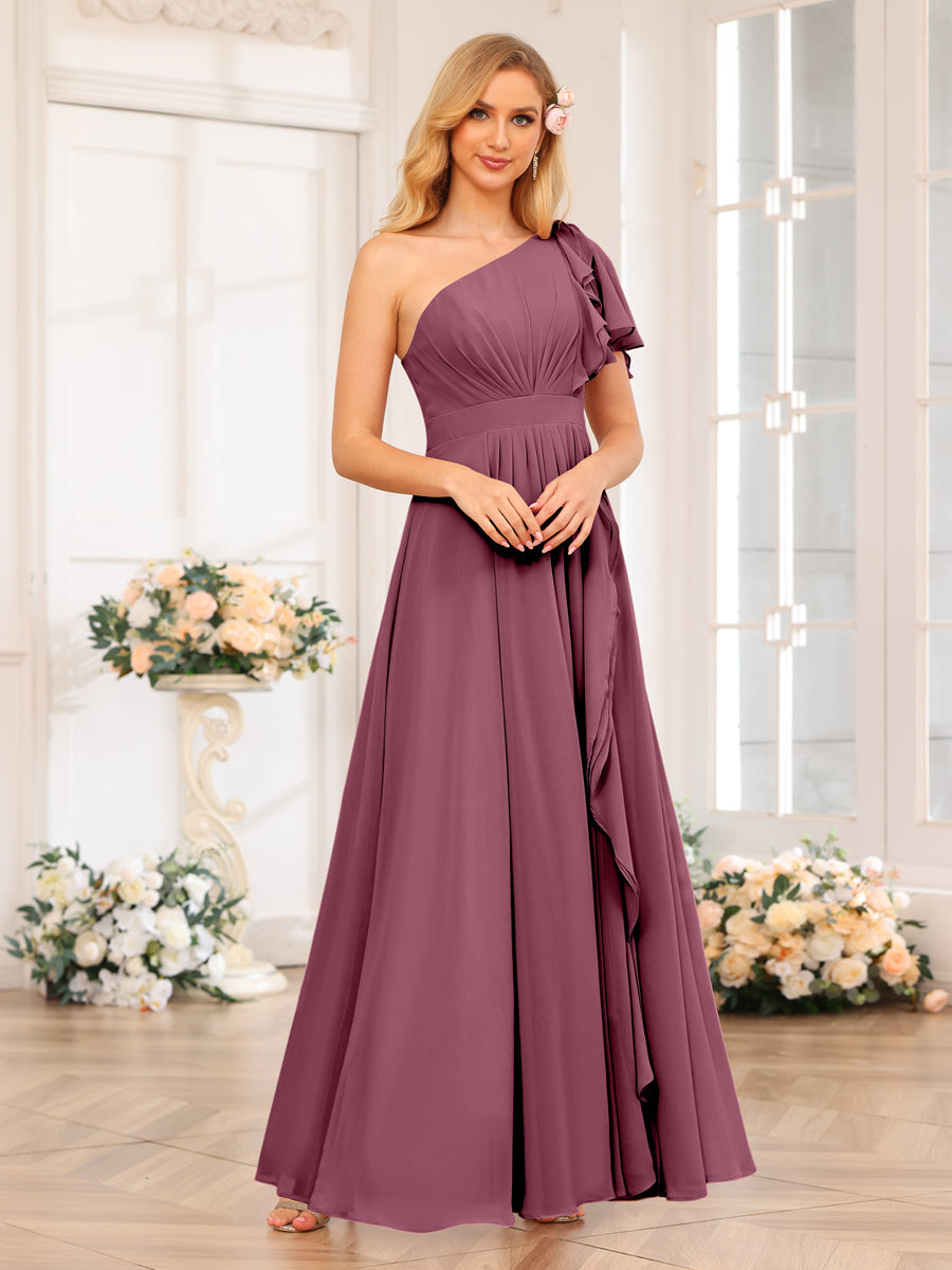 A-Line/Princess One-Shoulder Long Wedding Party Dresses with Split Side Mulberry