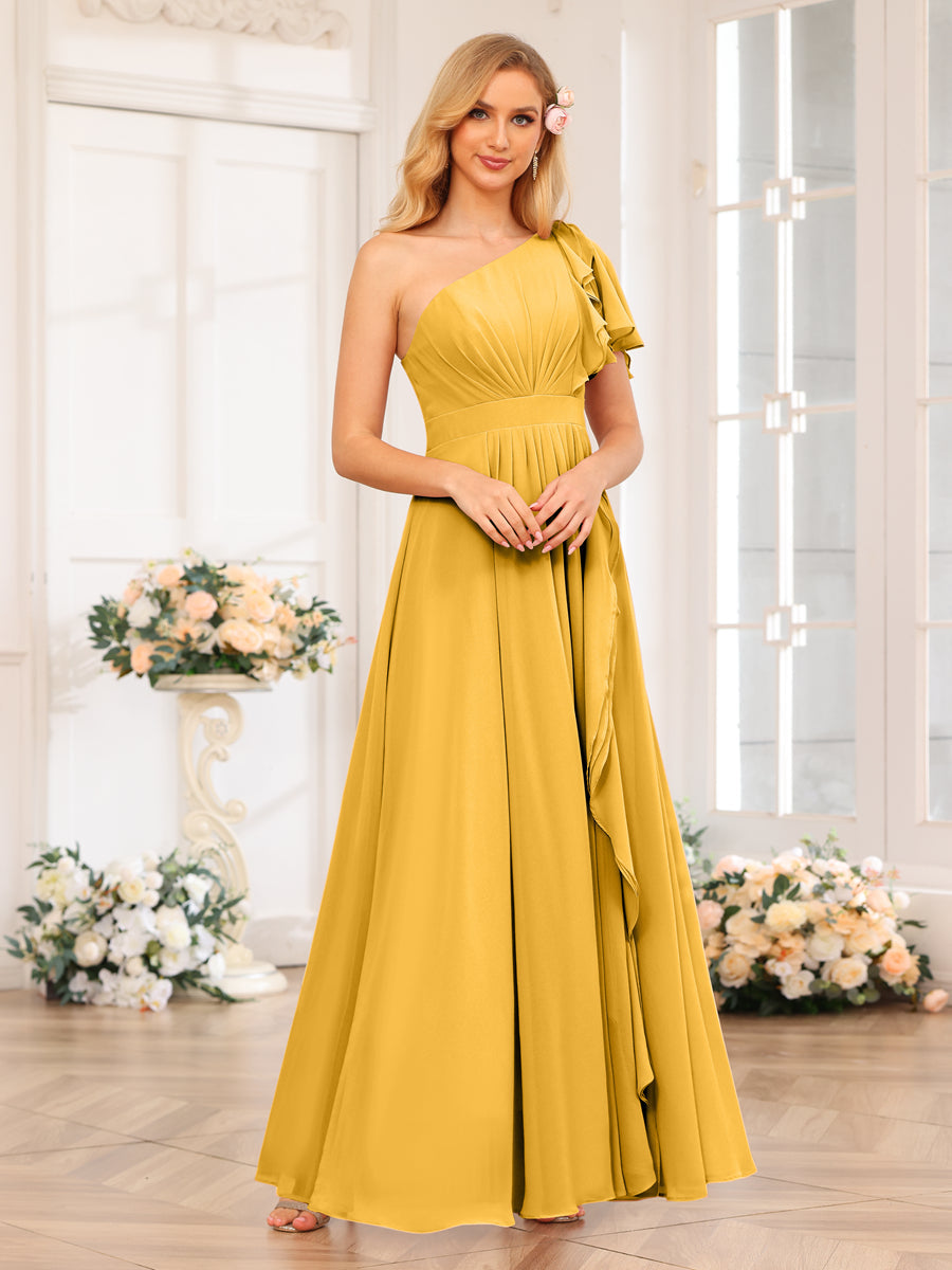 A-Line/Princess One-Shoulder Long Wedding Party Dresses with Split Side Mustard Yellow