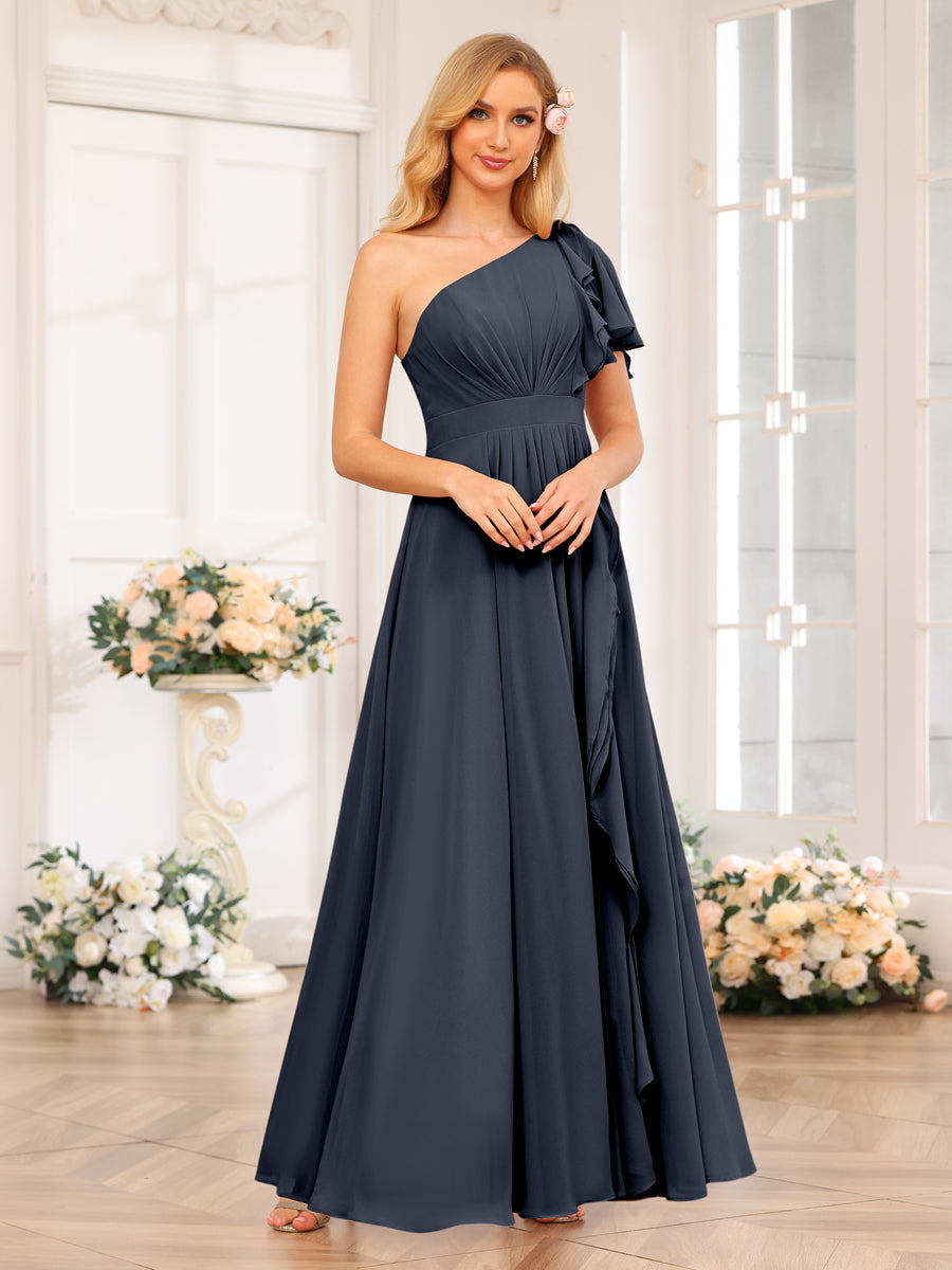 A-Line/Princess One-Shoulder Long Wedding Party Dresses with Split Side Navy Blue
