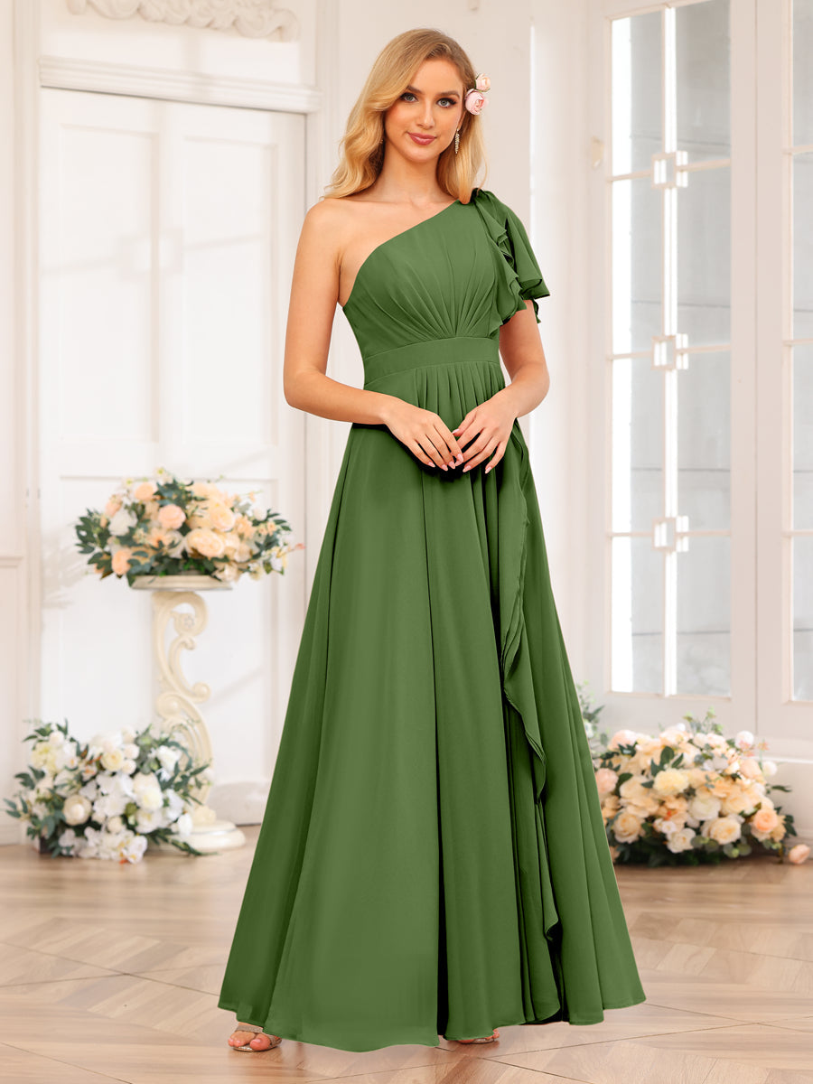 A-Line/Princess One-Shoulder Long Wedding Party Dresses with Split Side Olive Green