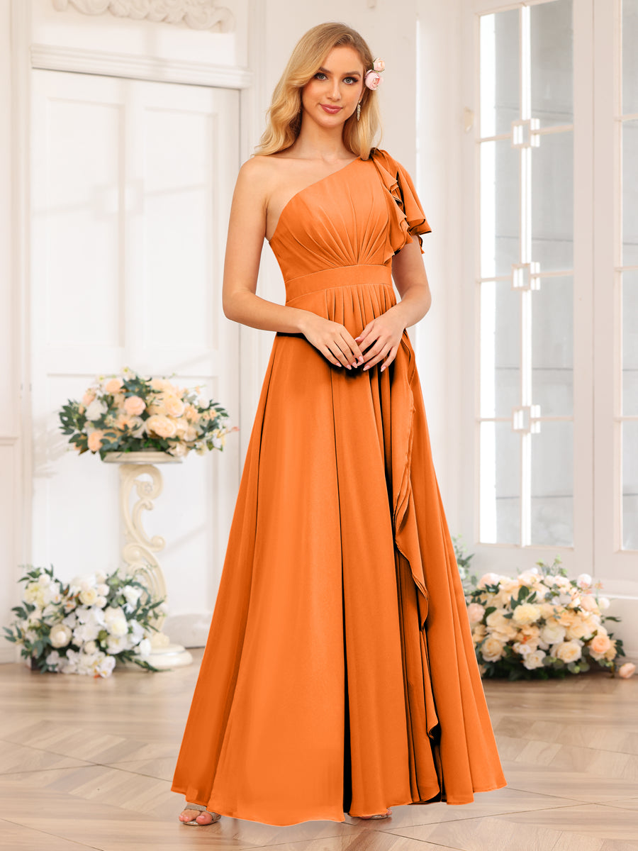 A-Line/Princess One-Shoulder Long Wedding Party Dresses with Split Side Orange