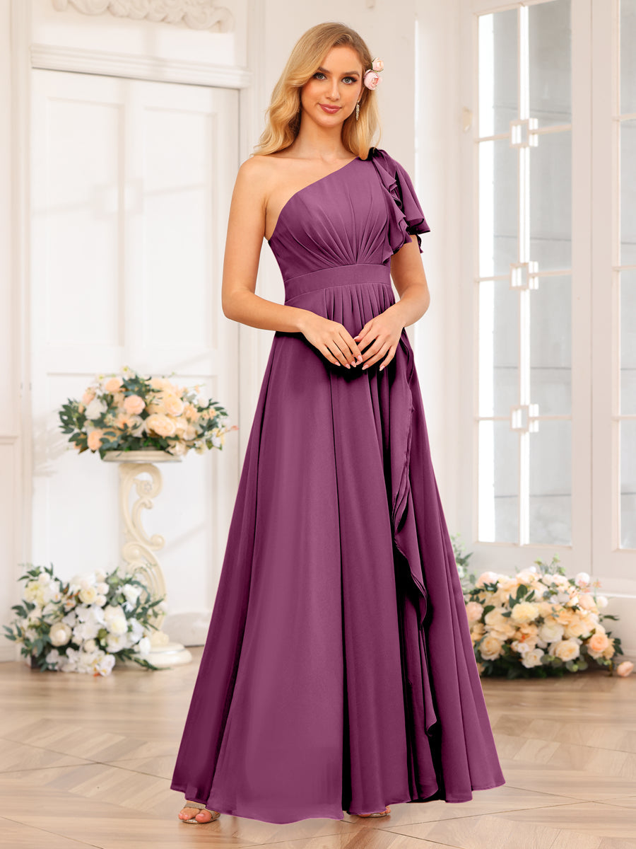 A-Line/Princess One-Shoulder Long Wedding Party Dresses with Split Side Orchid