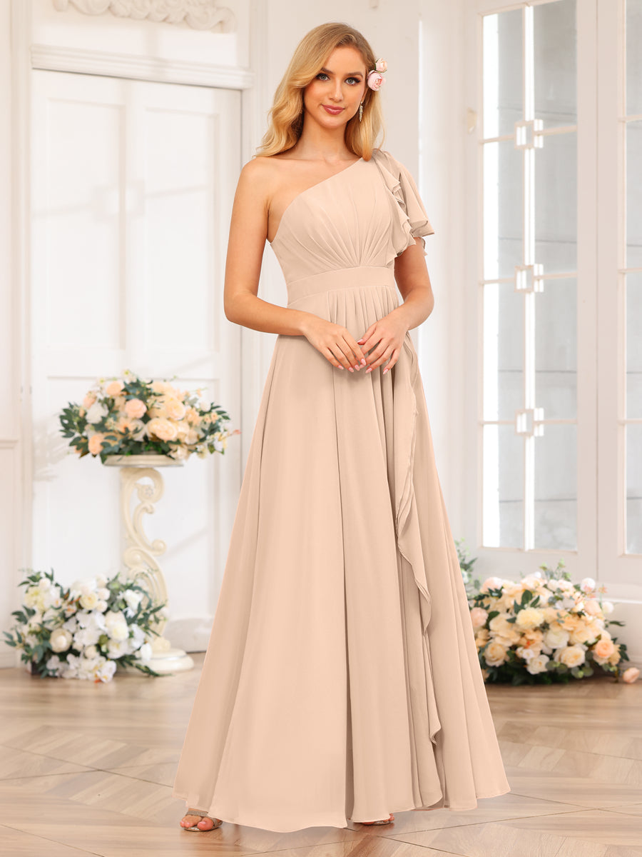 A-Line/Princess One-Shoulder Long Wedding Party Dresses with Split Side Peach Pink
