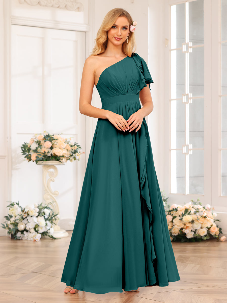 A-Line/Princess One-Shoulder Long Wedding Party Dresses with Split Side Peacock