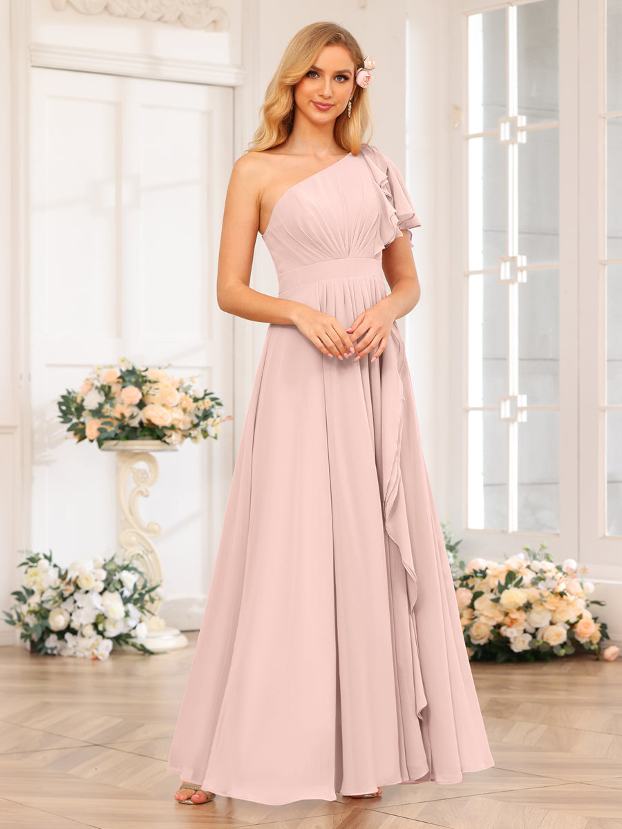 A-Line/Princess One-Shoulder Long Wedding Party Dresses with Split Side Pearl Pink