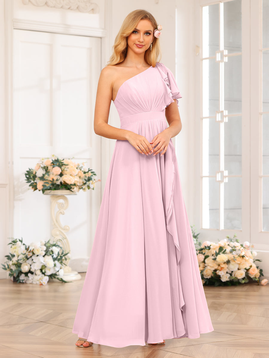 A-Line/Princess One-Shoulder Long Wedding Party Dresses with Split Side Pink