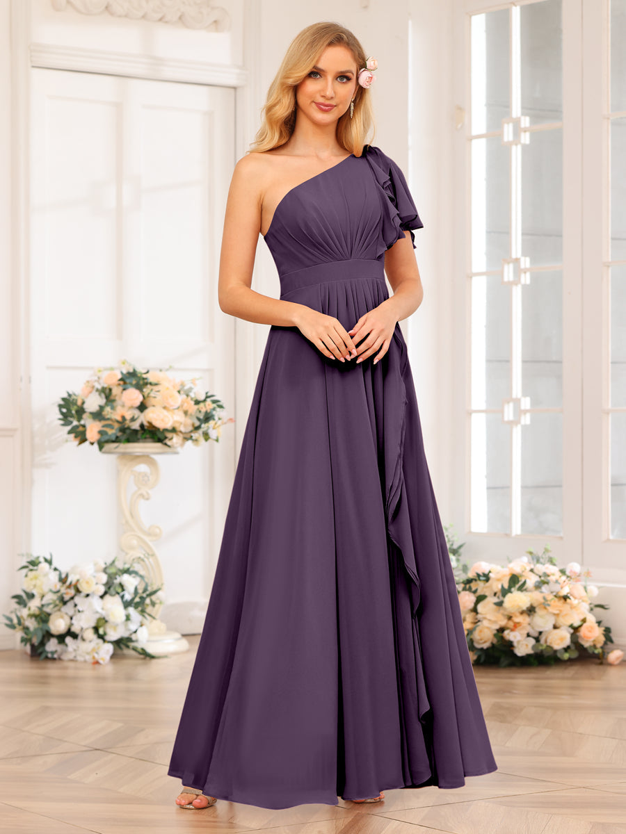 A-Line/Princess One-Shoulder Long Wedding Party Dresses with Split Side Plum