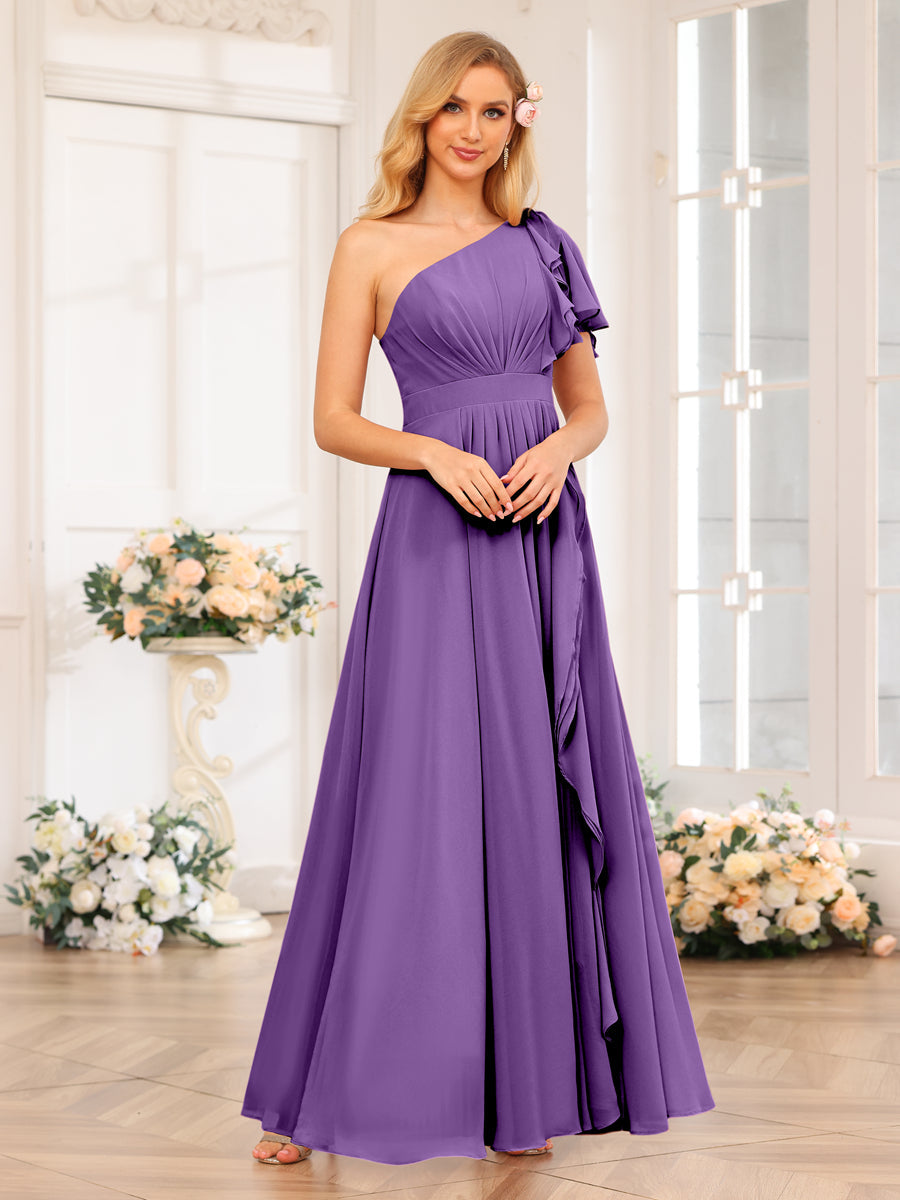 A-Line/Princess One-Shoulder Long Wedding Party Dresses with Split Side Purple