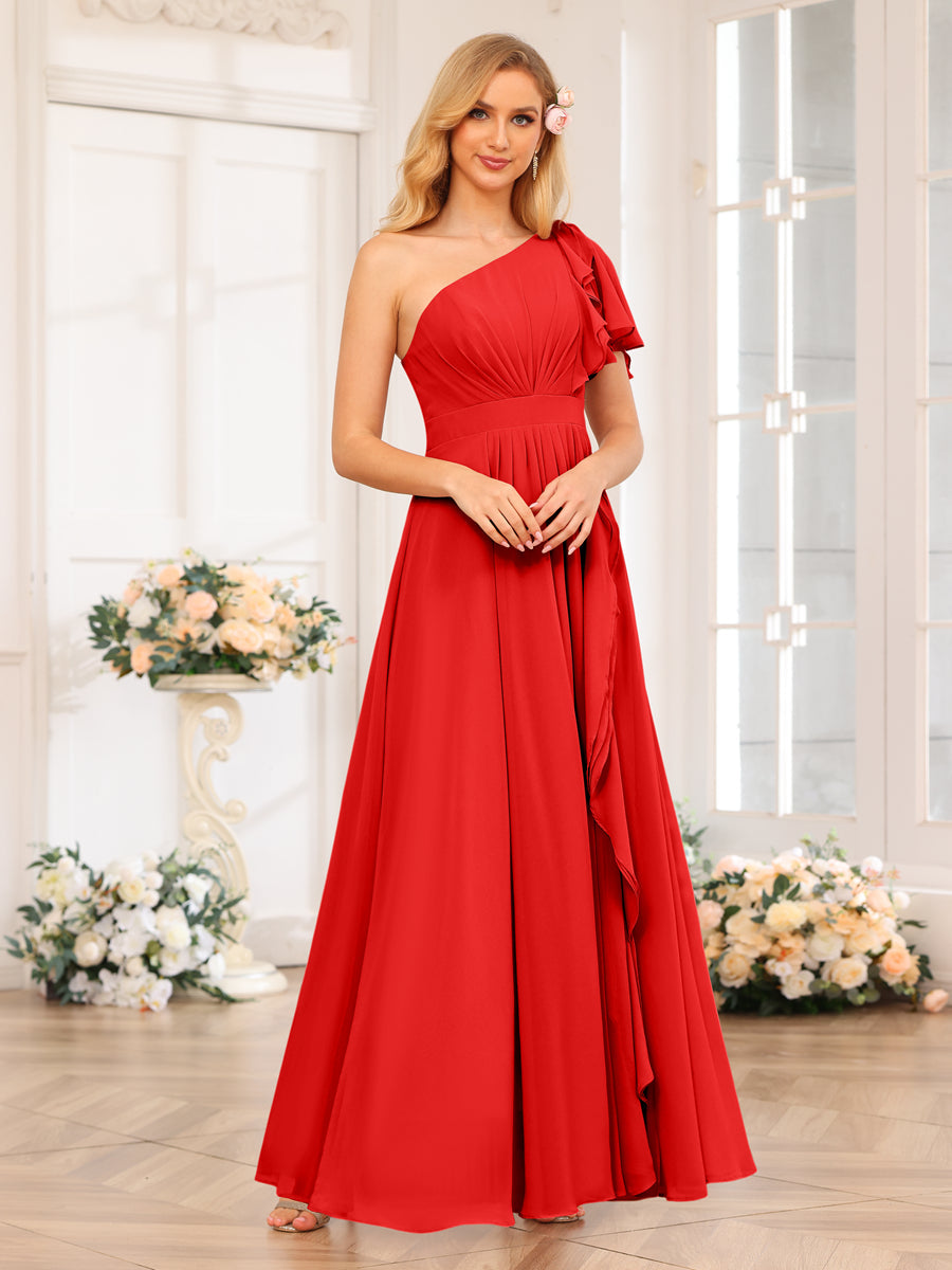 A-Line/Princess One-Shoulder Long Wedding Party Dresses with Split Side Red