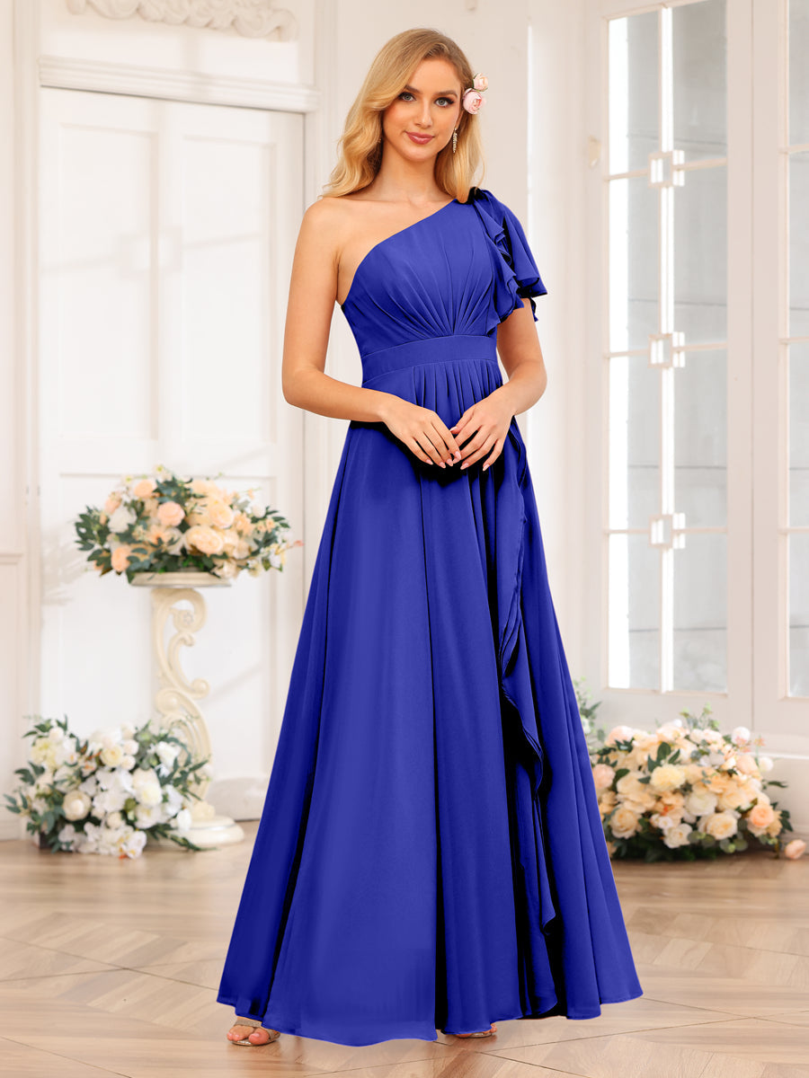 A-Line/Princess One-Shoulder Long Wedding Party Dresses with Split Side Royal Blue
