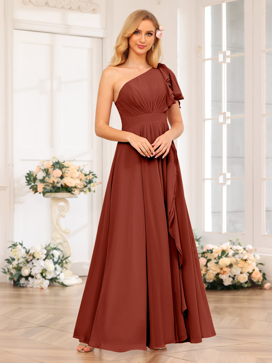 A-Line/Princess One-Shoulder Long Wedding Party Dresses with Split Side Rust