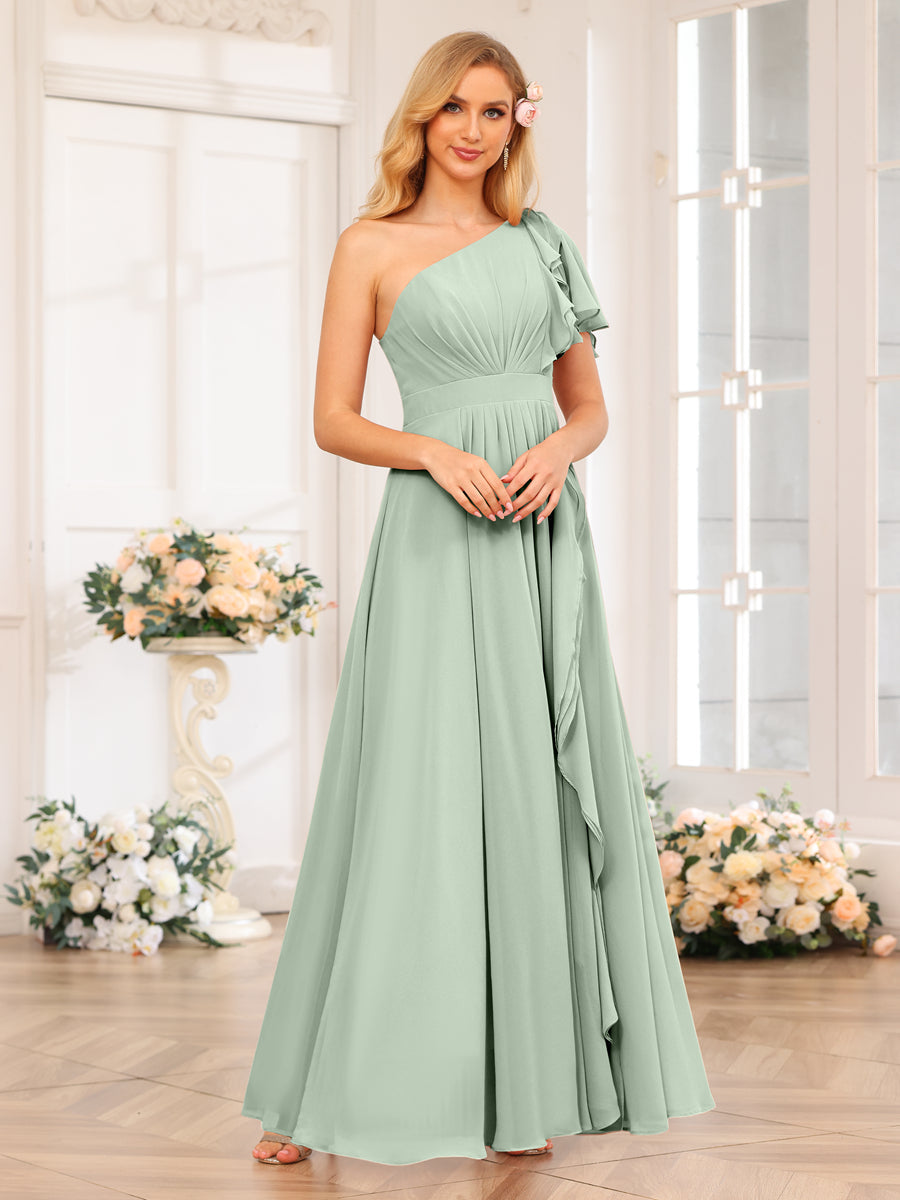 A-Line/Princess One-Shoulder Long Wedding Party Dresses with Split Side Sage